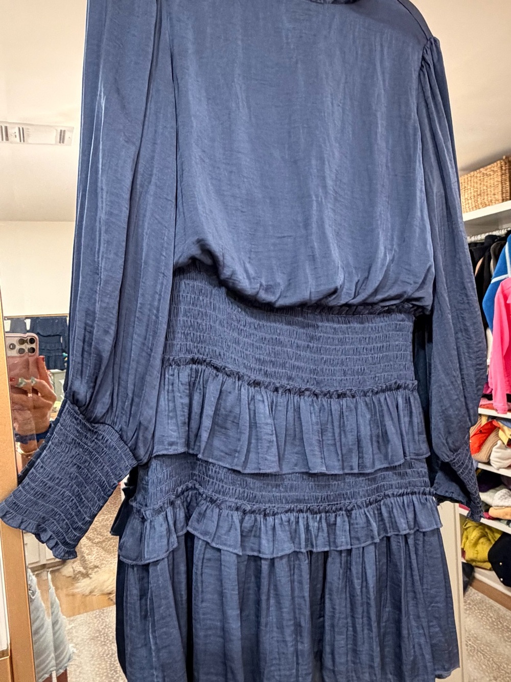 She + Sky Navy Long-Sleeve Smocked Tiered Ruffle Dress